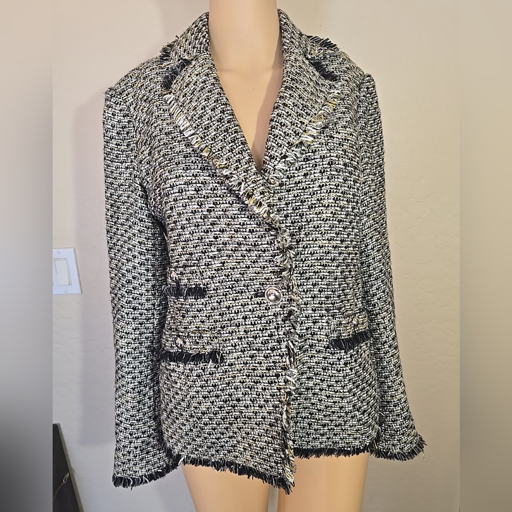 Veronic Beard Fabian Tweed Fringe Womens Metallic Jacket/Blazer Size 4